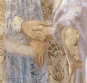 Przyjęcie królowej Saby przez króla Salomona ok. 1015-977 z cyklu Legenda o prawdziwym krzyżu, fragment dłoni, ukończony fragment fresku z 1464 r. z 109786